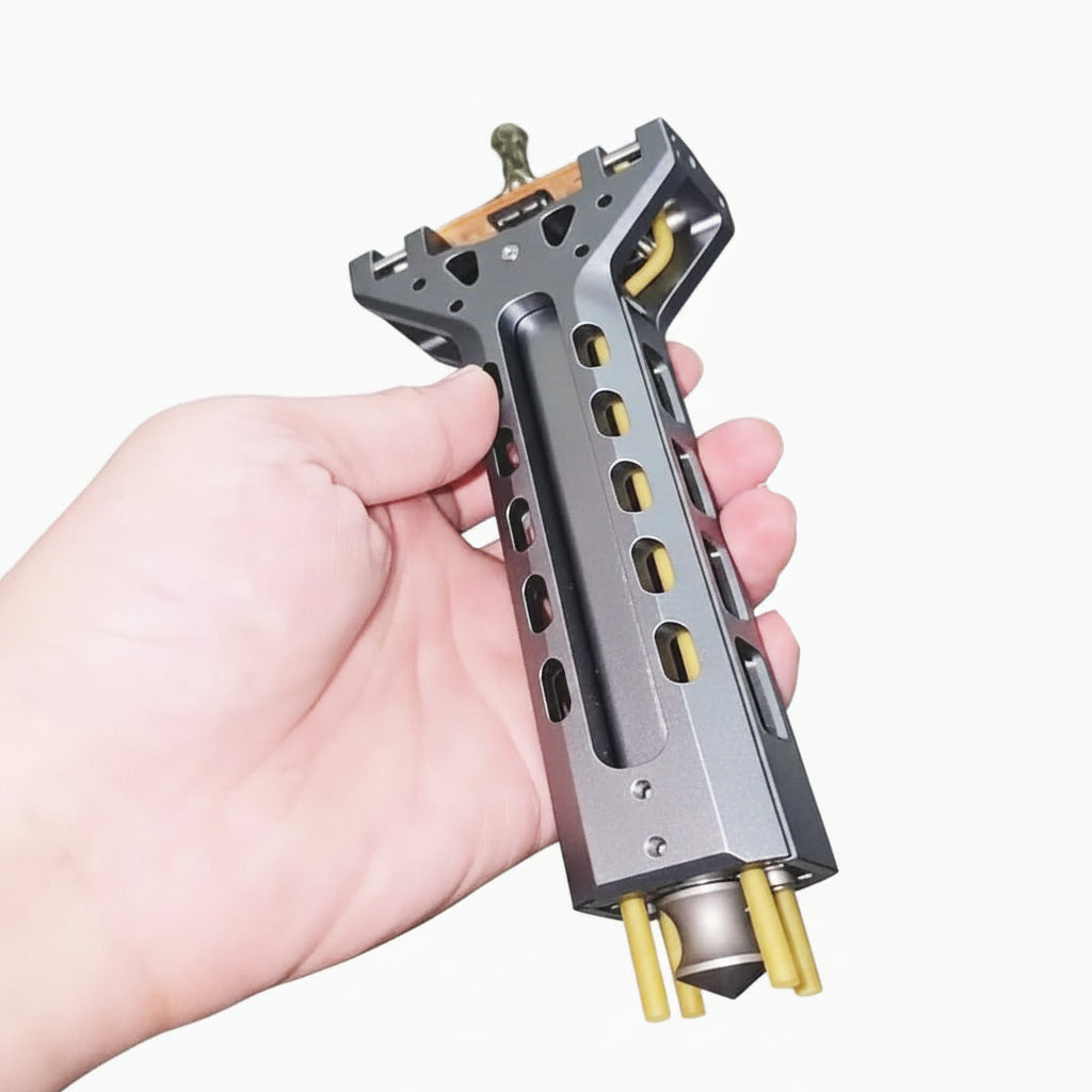 Hand holding a metallic gun slide with '