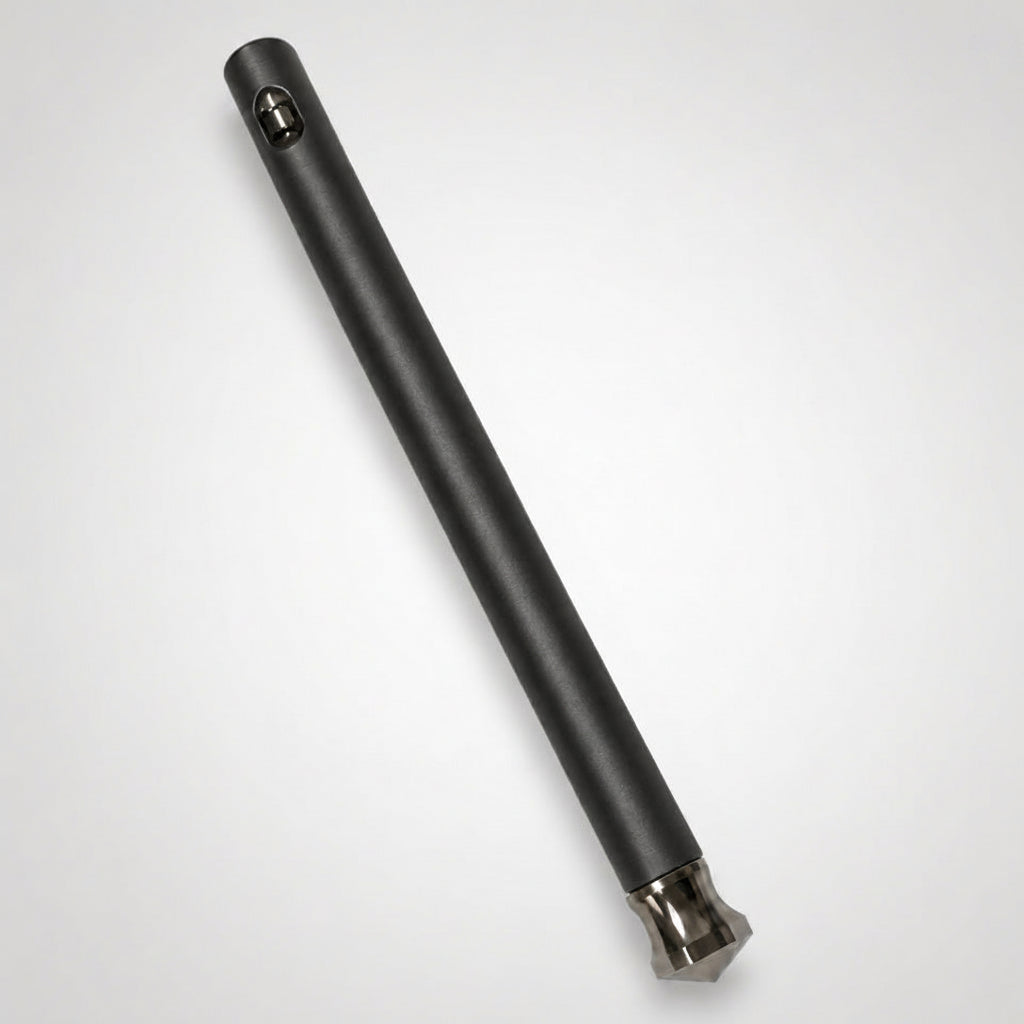 Black cylindrical object with a brand logo on a white background