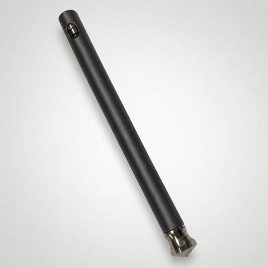 Black cylindrical object with a brand logo on a white background