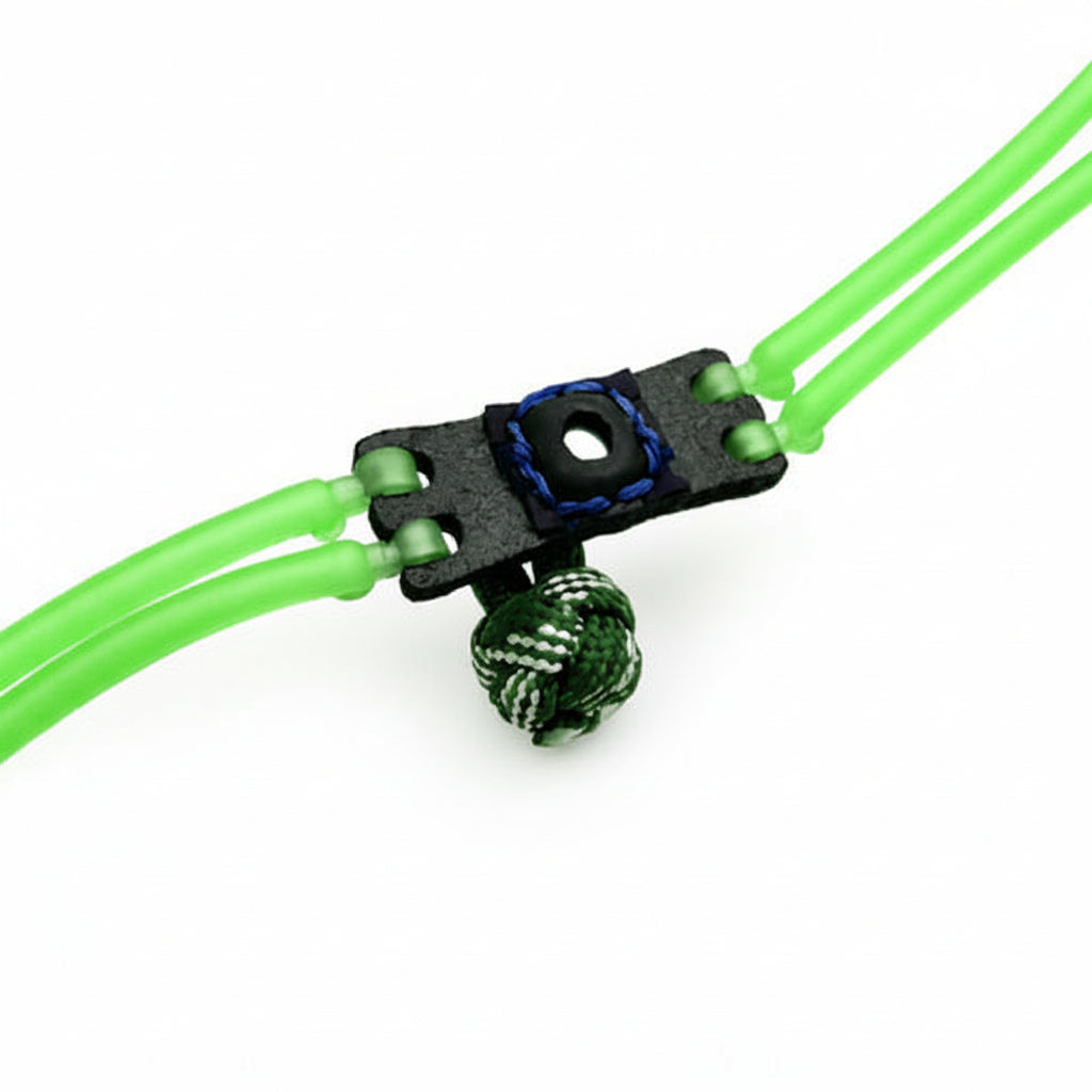 Green bowstring with a black and blue anchor device on a white background, featuring a brand logo in the corner.