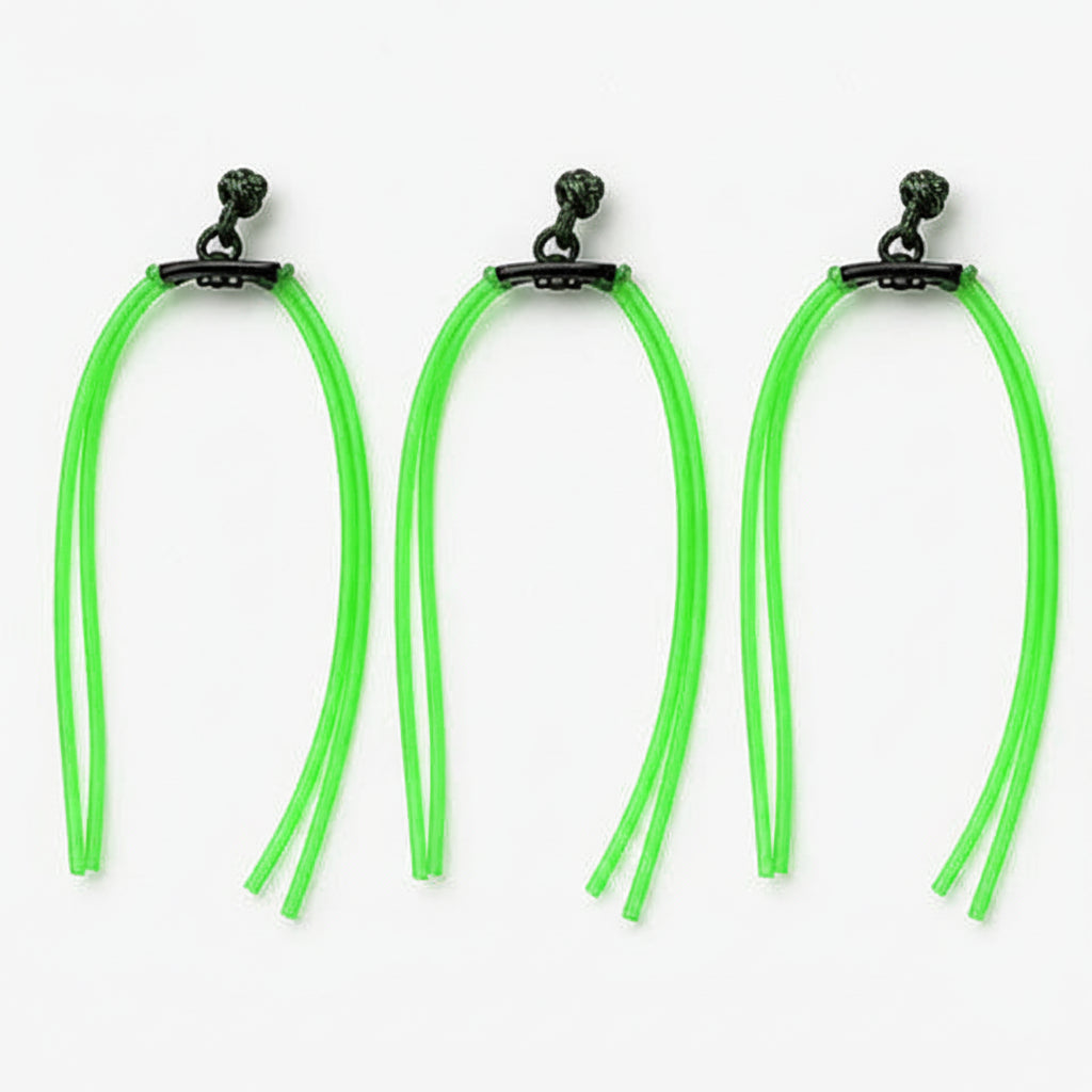 Three green fishing lines with black hooks on a white background, branded 'Wild Slingin' Tackle'.