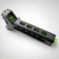 Mechanical component with green bearings on a white background, featuring a brand logo in the corner.