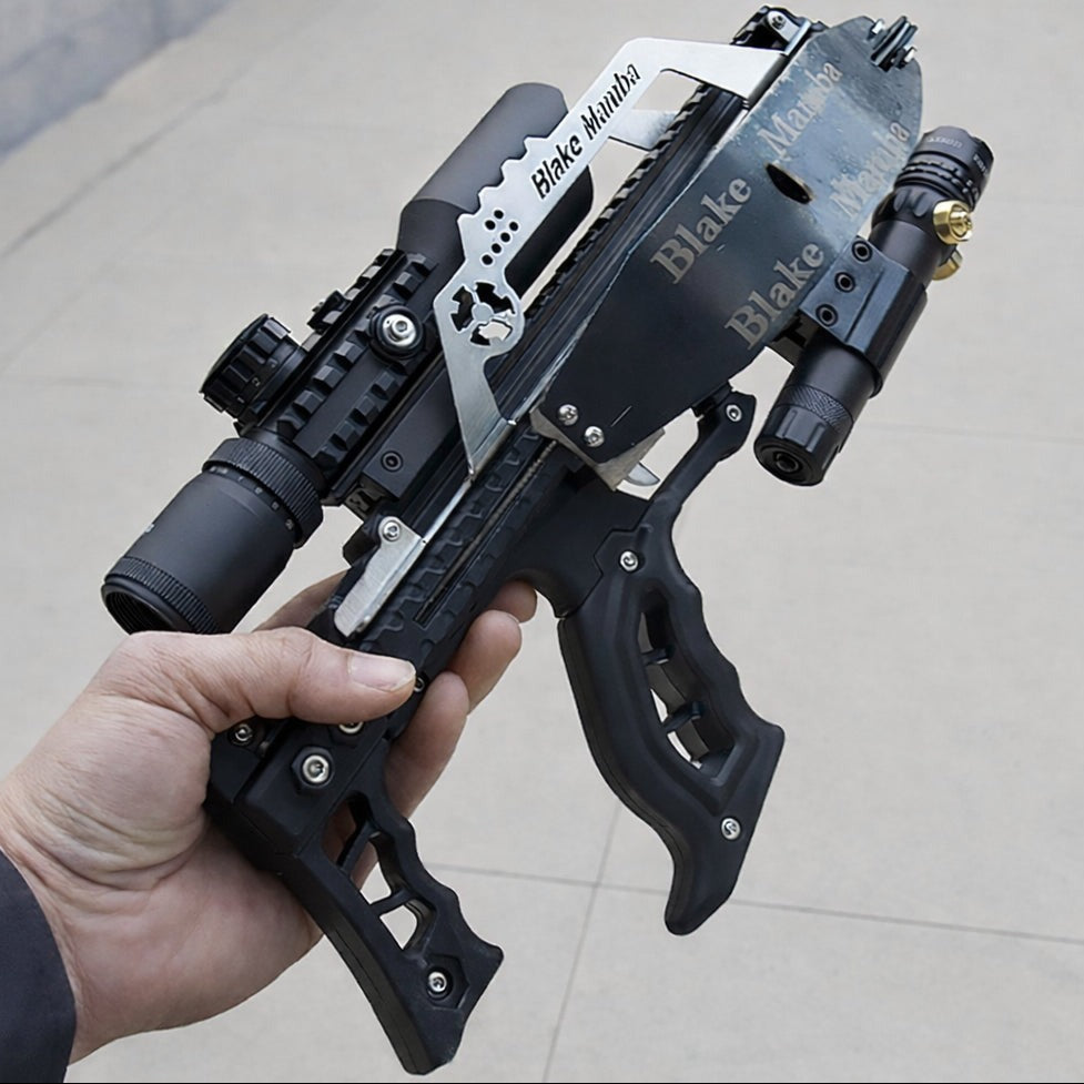 Black crossbow held by a hand with 'Survivalslingshots.UK' branding in the corner.